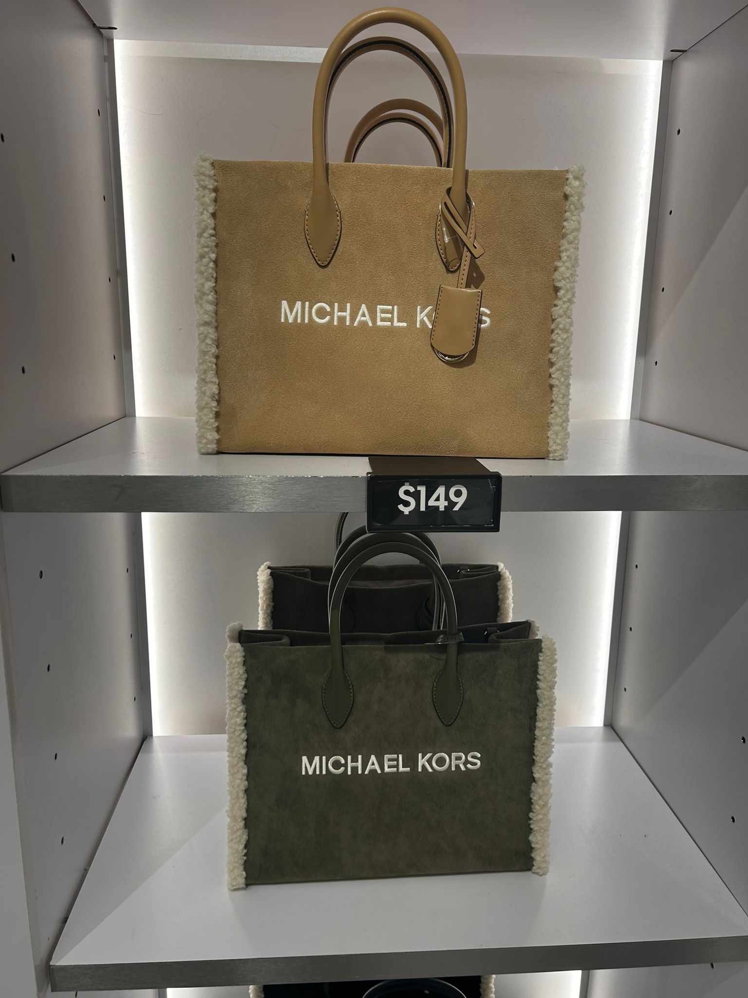 Women's Michael Kors Mirella Medium Suede and Faux Shearling Tote Bag OLIVE