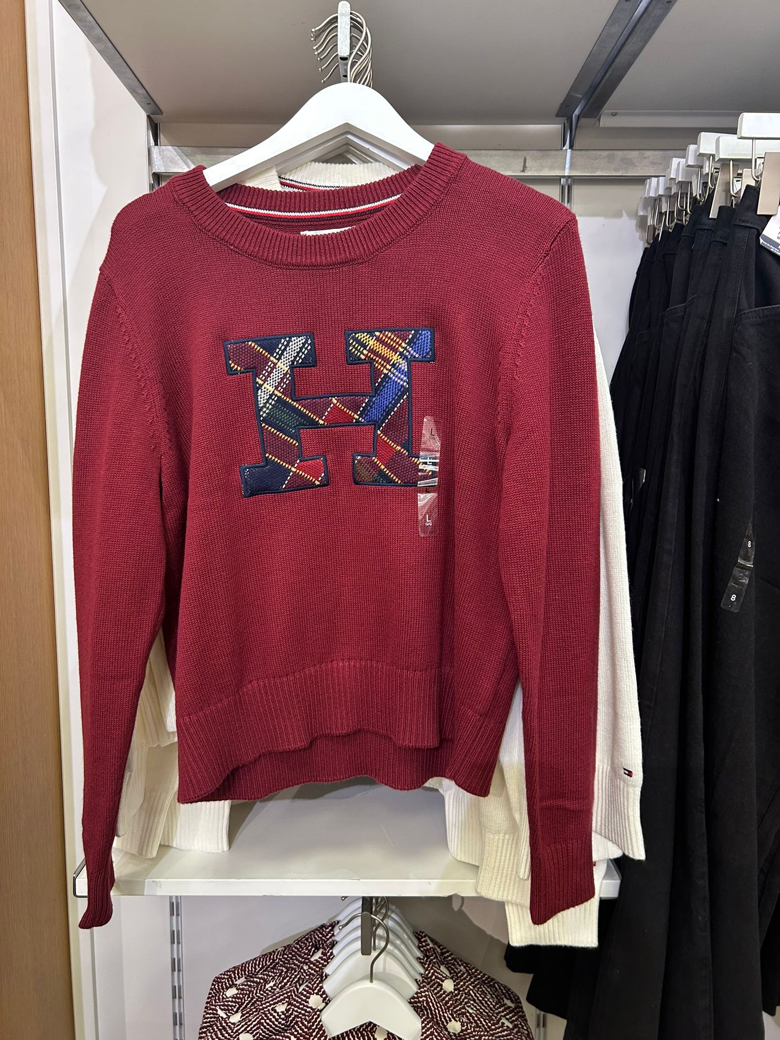 Womens' TOMMY Plaid Monogram Crewneck Sweater Rouge