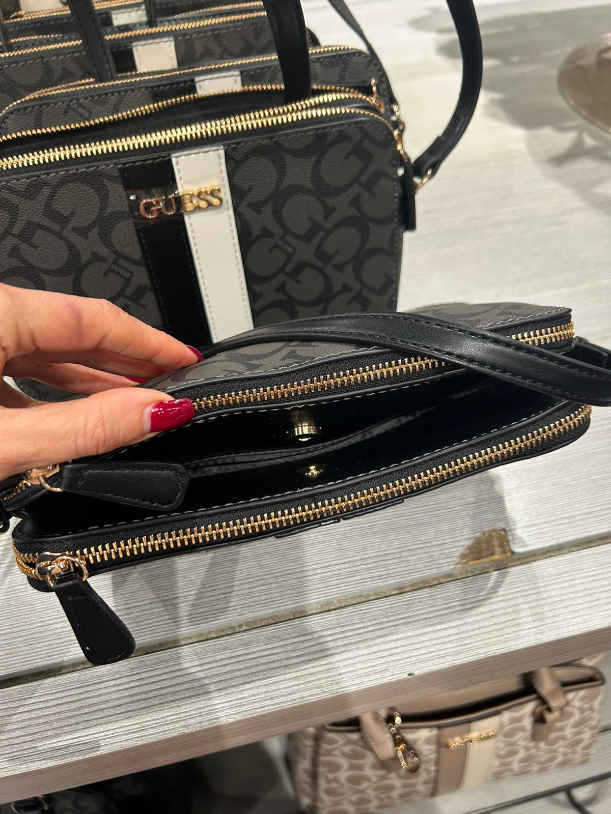 Women's Guess Kyrie Logo Top-Zip Crossbody STRIPE BLACK