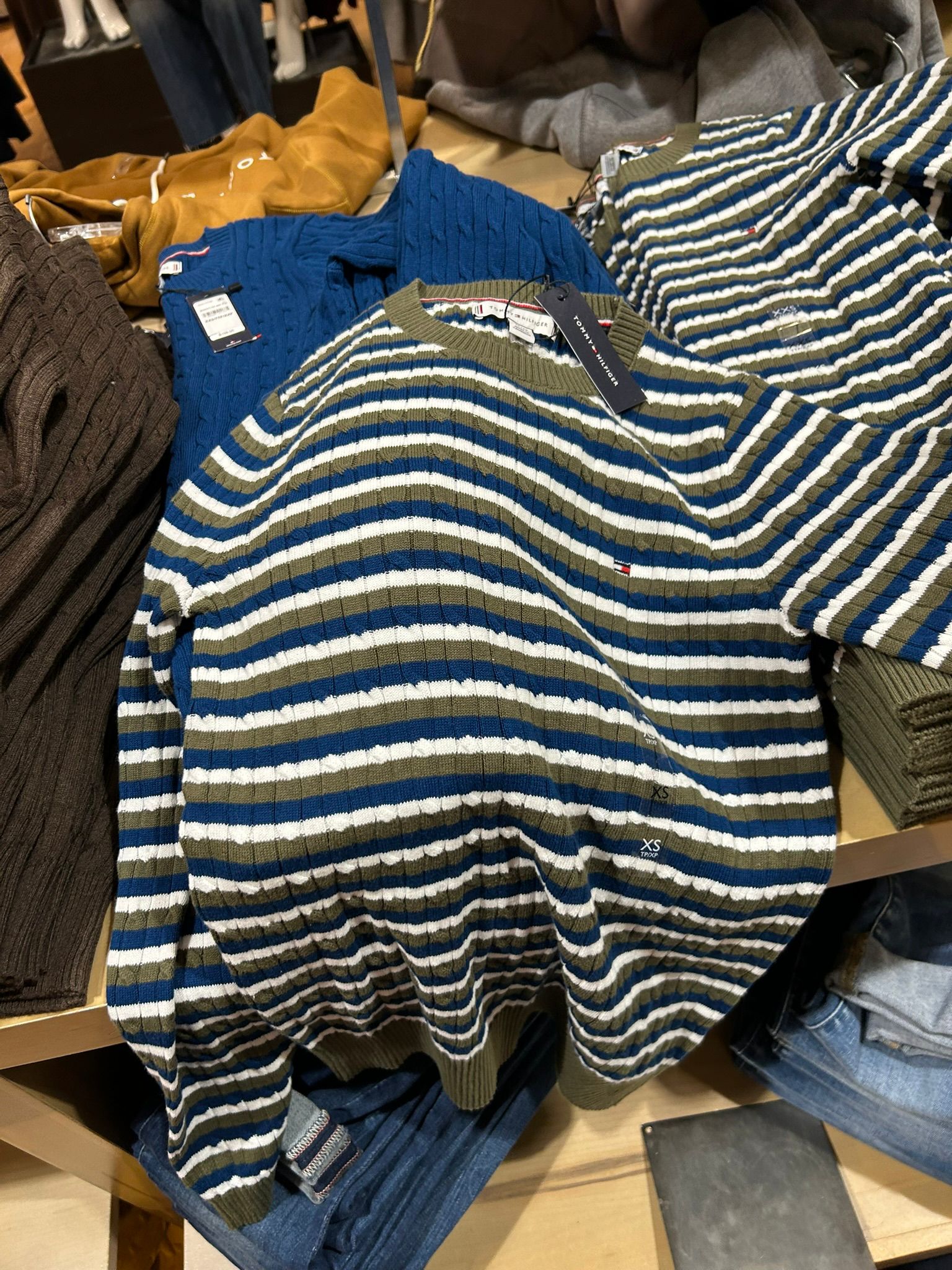 TOMMY WOMENS' Stripe Cable Knit Sweater Utility Olive