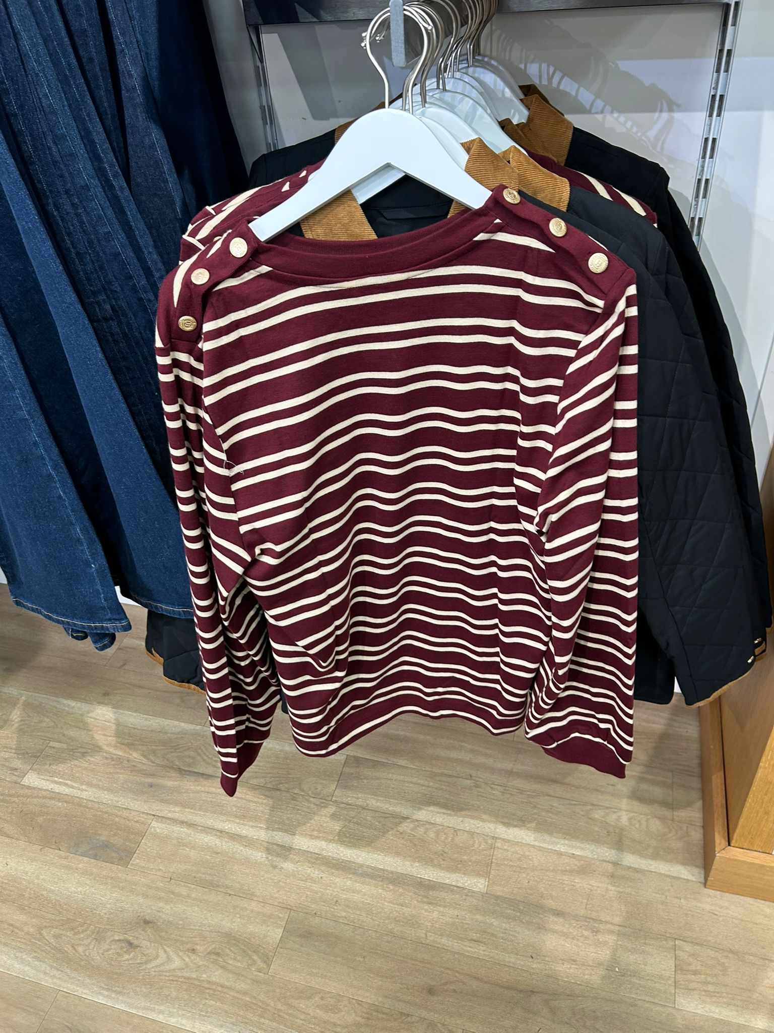 Womens' Tommy Gold-Button Stripe Crewneck T-Shirt Burgundy