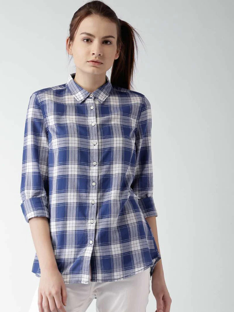 Tommy Hilfiger Women Blue & White Checked Casual Shirt