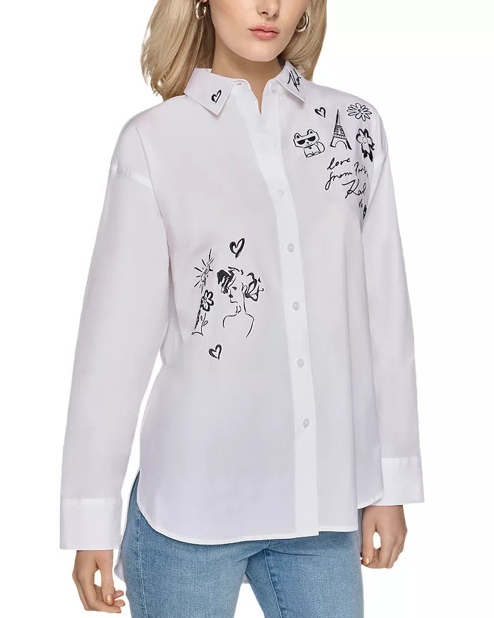 KARL LAGERFELD PARIS Womens' Oversized Whimsy Button Up Shirt