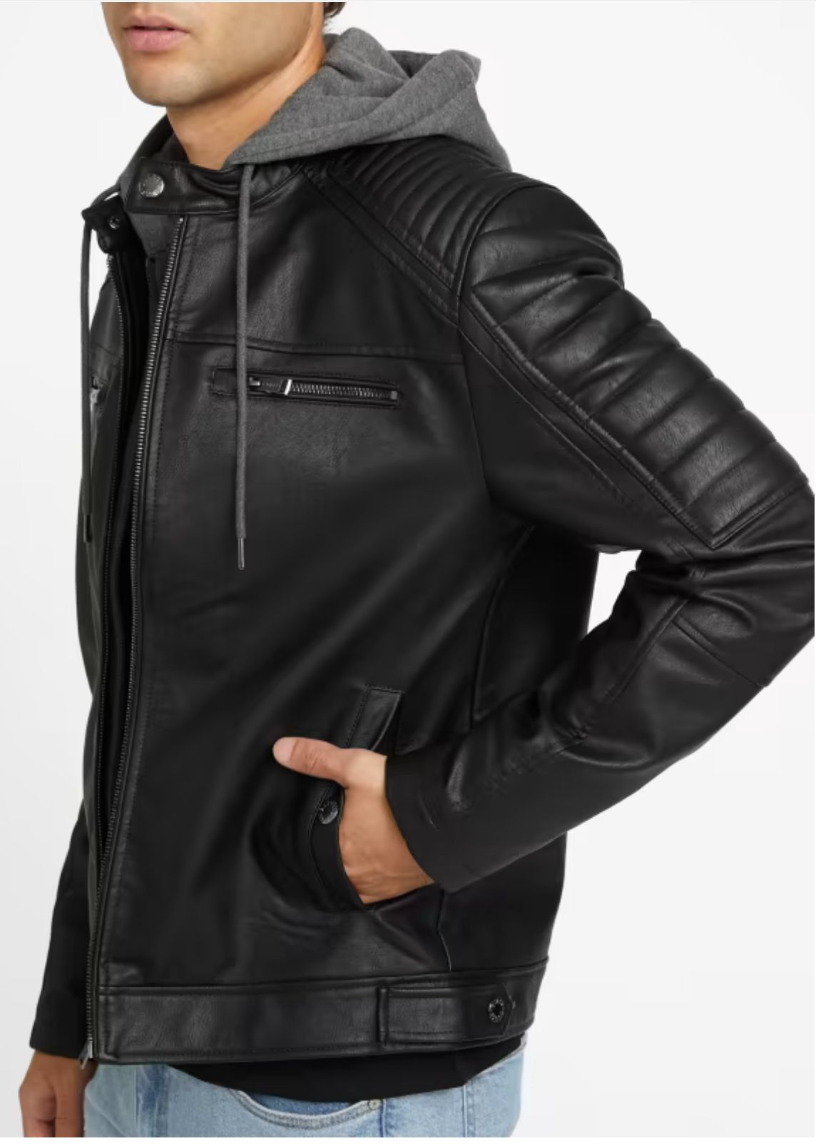 Guess leather jacket hot sale with hood mens