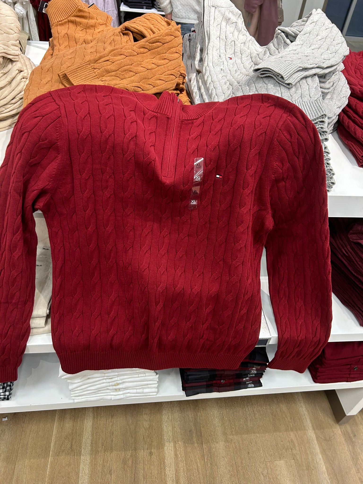 Mens' Tommy Cable Knit Quarter-Zip Sweater Rouge