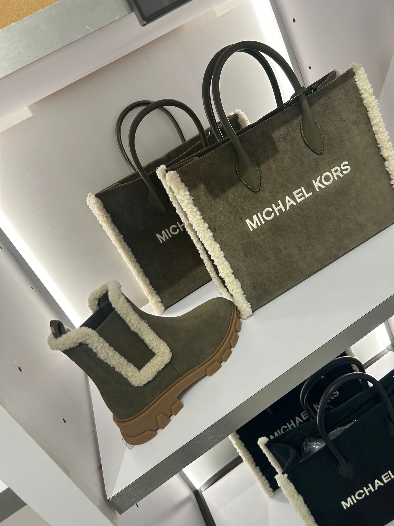 Women's Michael Kors Mirella Medium Suede and Faux Shearling Tote Bag OLIVE