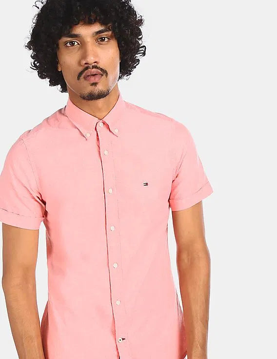 Regular Fit Short-Sleeve Oxford Shirt-Pink