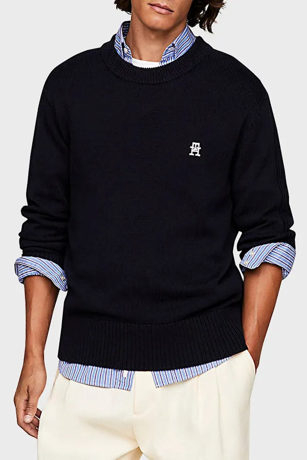 TOMMY HILFIGER MENS' Midweight Cotton Sweater-NAVY