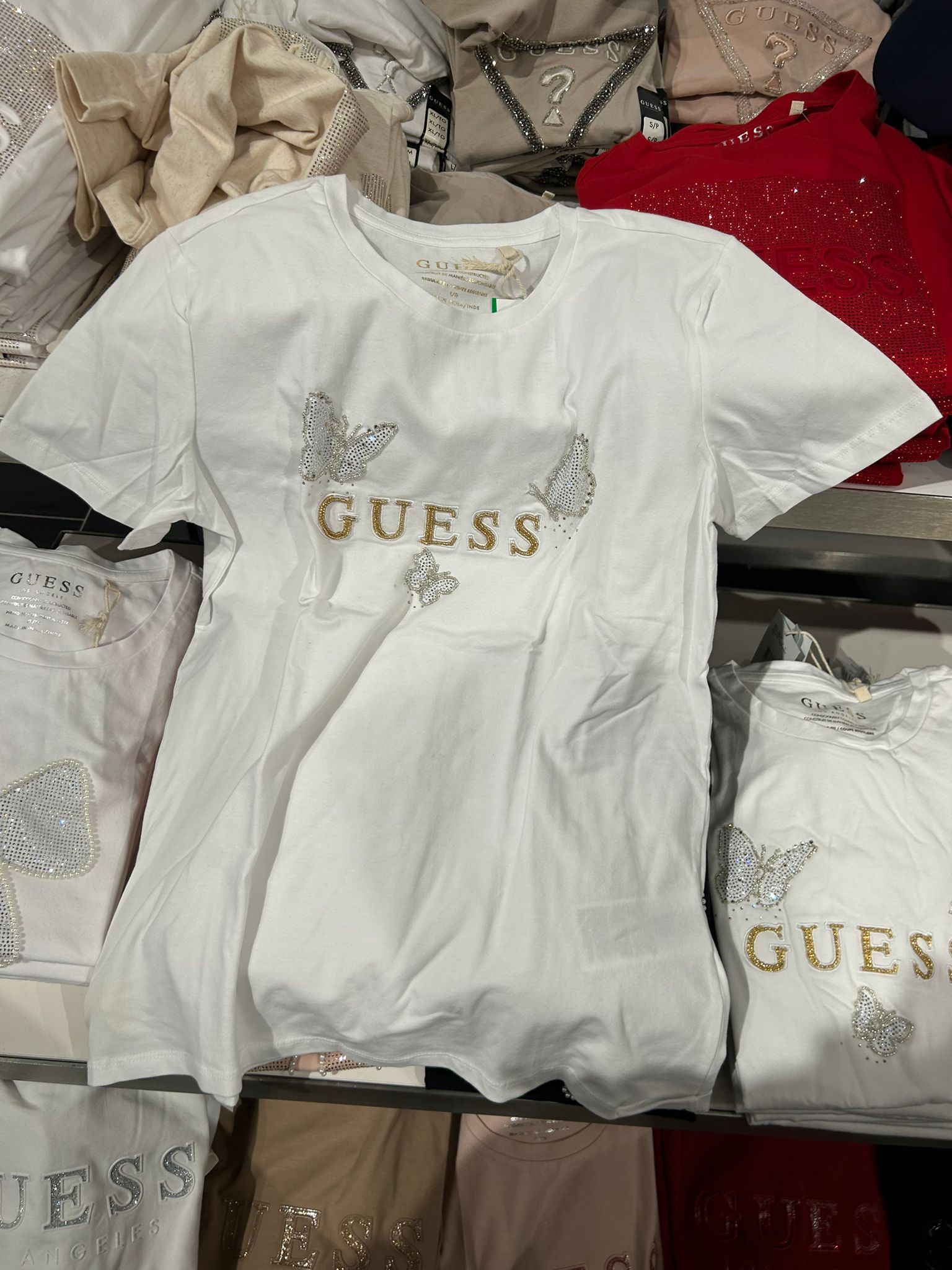 GUESS® Butterflies Rhinestones logo t-shirt Women-White