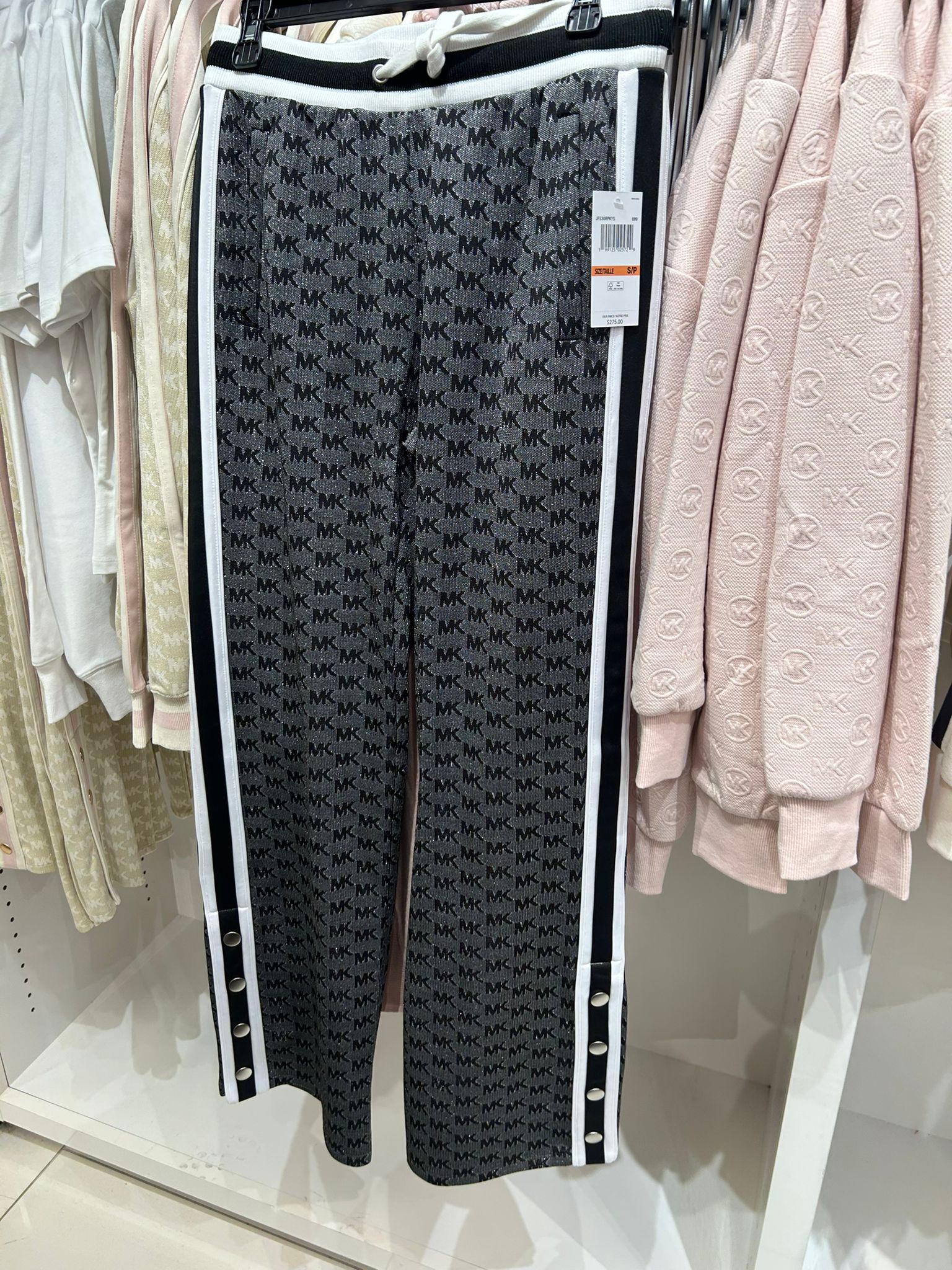 Michael Kors WOMENS' Logo Print Metallic Stretch Knit Track Pants BLACK/SILVER
