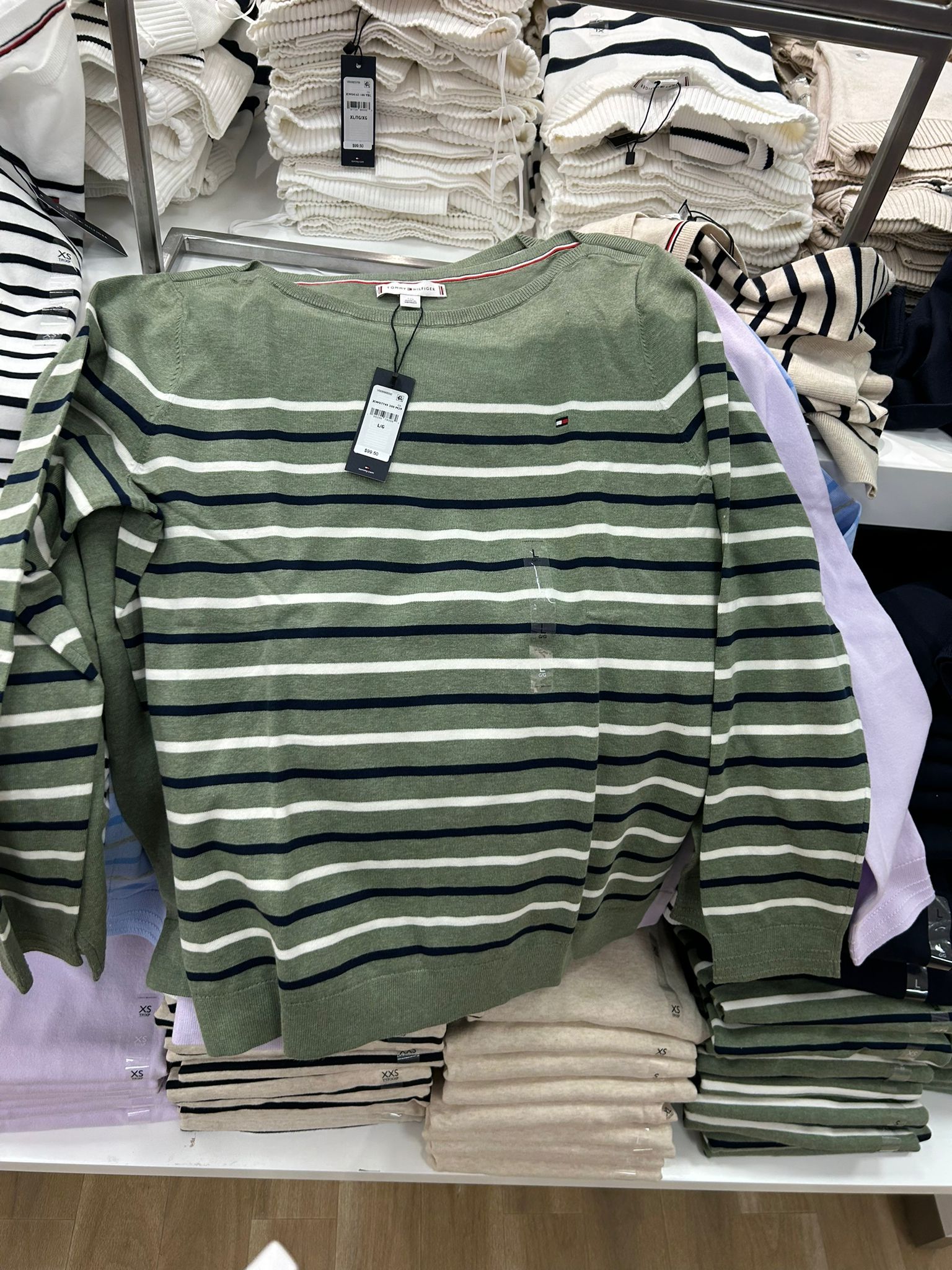 Womens' Tommy Multi-Stripe Boatneck Sweater Desert Olive Multi