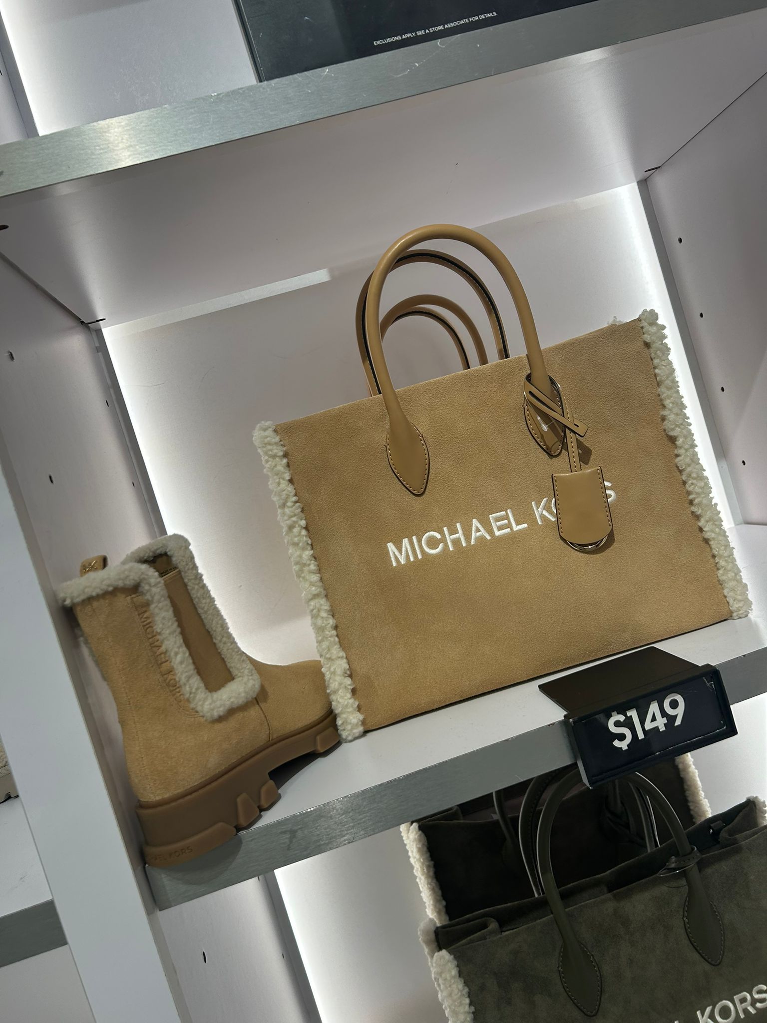 Women's Michael Kors Mirella Medium Suede and Faux Shearling Tote Bag PEANUT