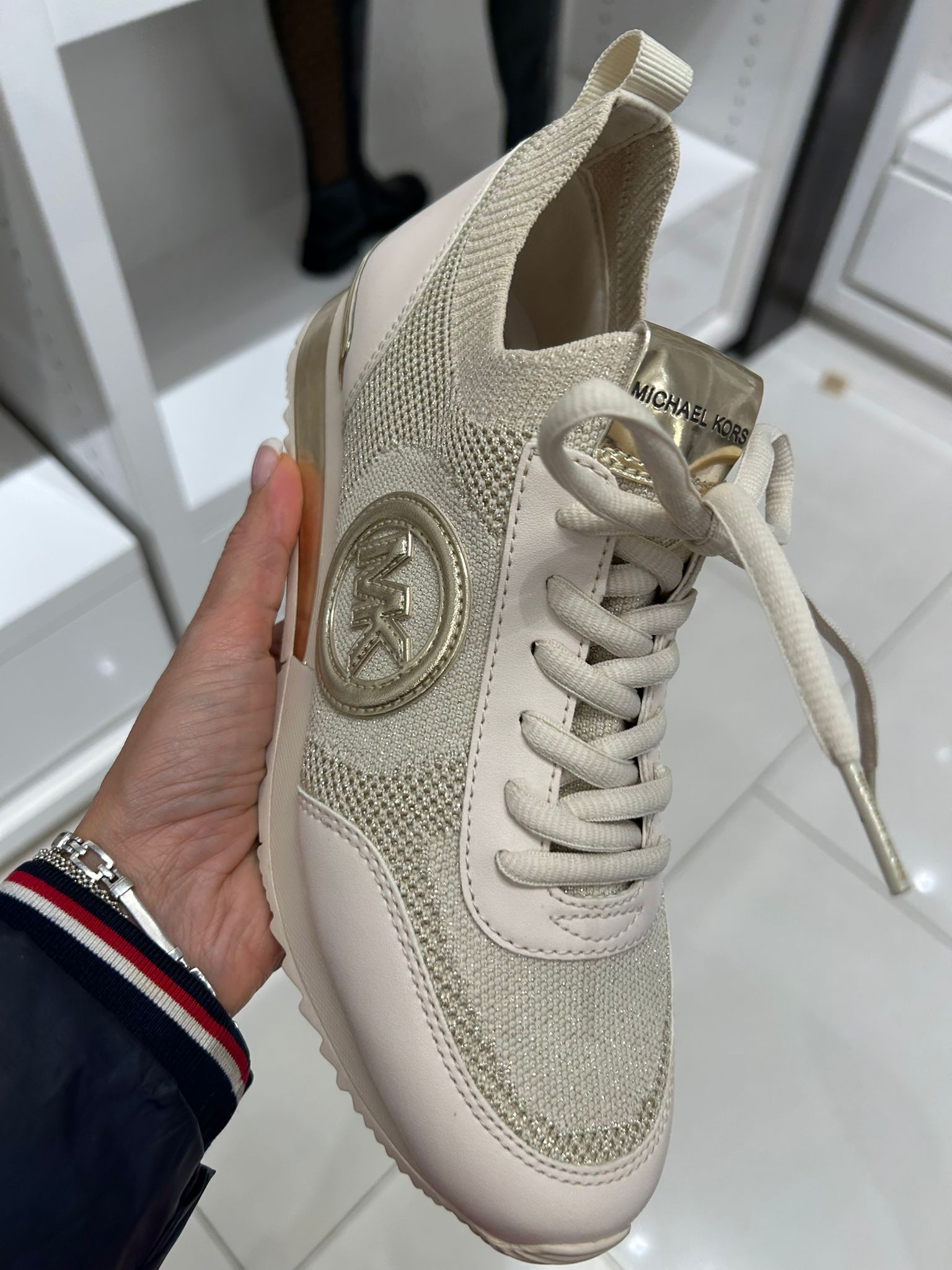 Michael Kors WOMENS' Jenkins Metallic Stretch Knit Trainer PALE GOLD