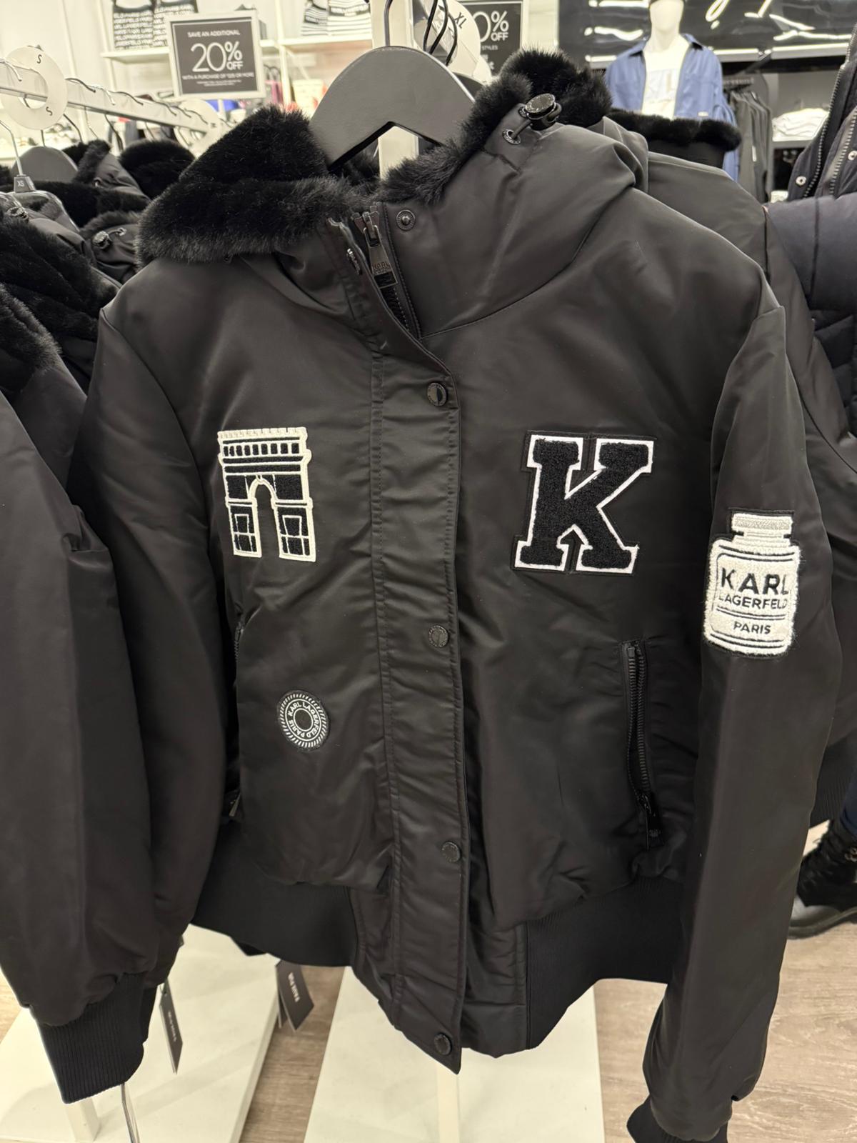 Womens' Karl Lagerfeld Paris PATCH FUR HOOD BOMBER JACKET