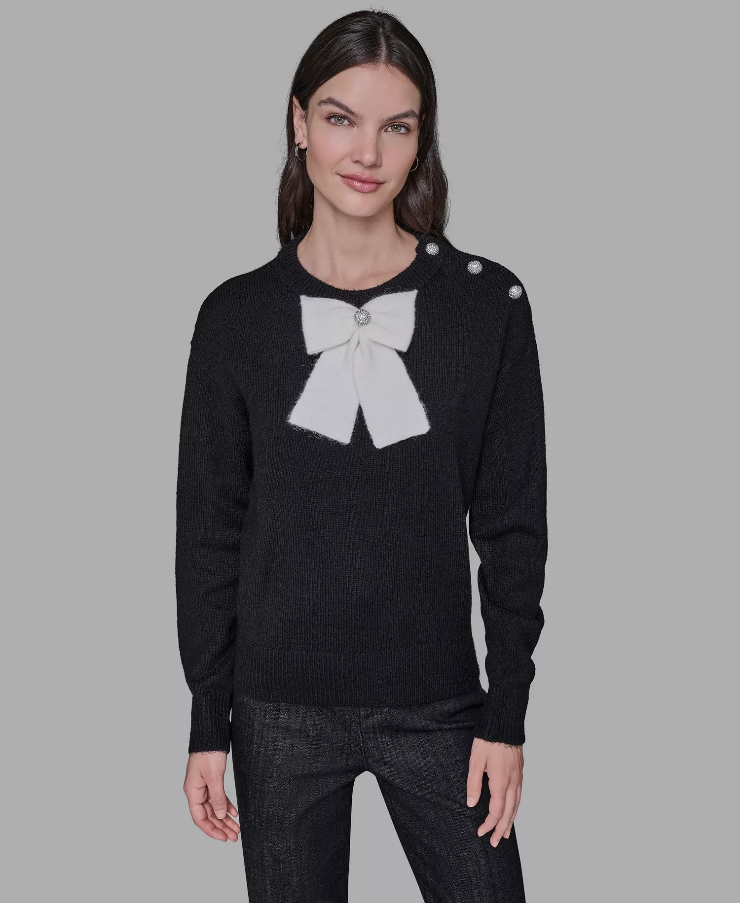 Womens' KARL LAGERFELD PARIS Women's Big Bow Applique Long Sleeve Sweater Black