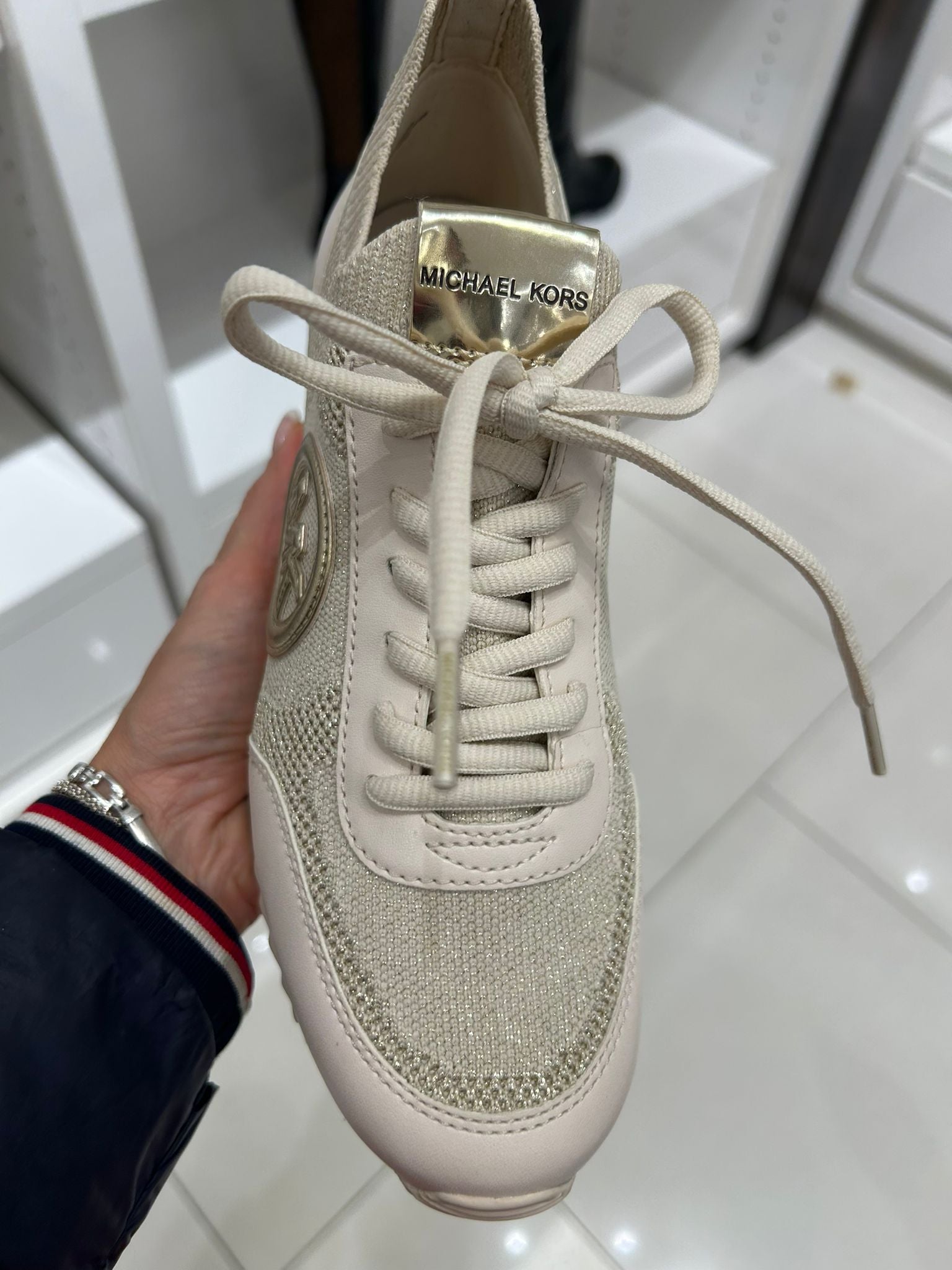 Michael Kors WOMENS' Jenkins Metallic Stretch Knit Trainer PALE GOLD