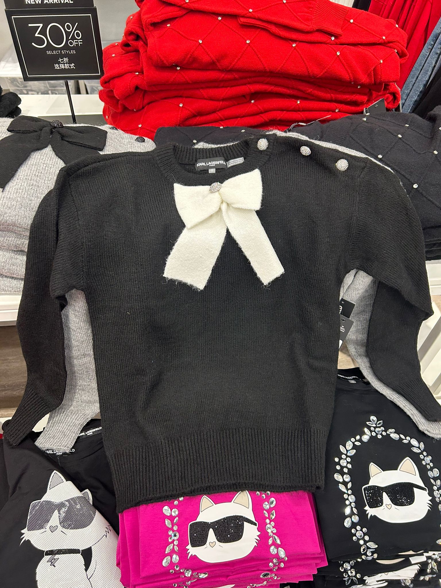 Womens' KARL LAGERFELD PARIS Women's Big Bow Applique Long Sleeve Sweater Black