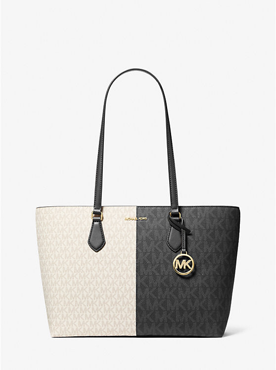 Women's Michael Kors Sheila Large Two-Tone Signature Logo Tote Bag BLACK COMBO
