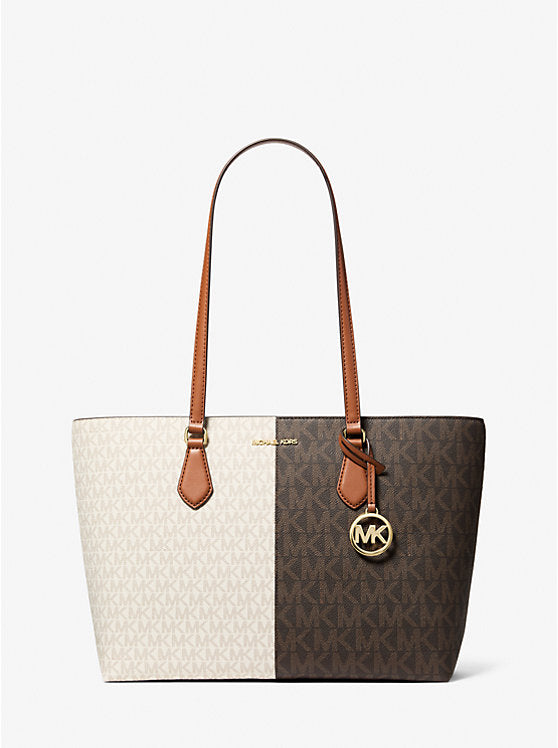 Women's Michael Kors Sheila Large Two-Tone Signature Logo Tote Bag BROWN MULTI