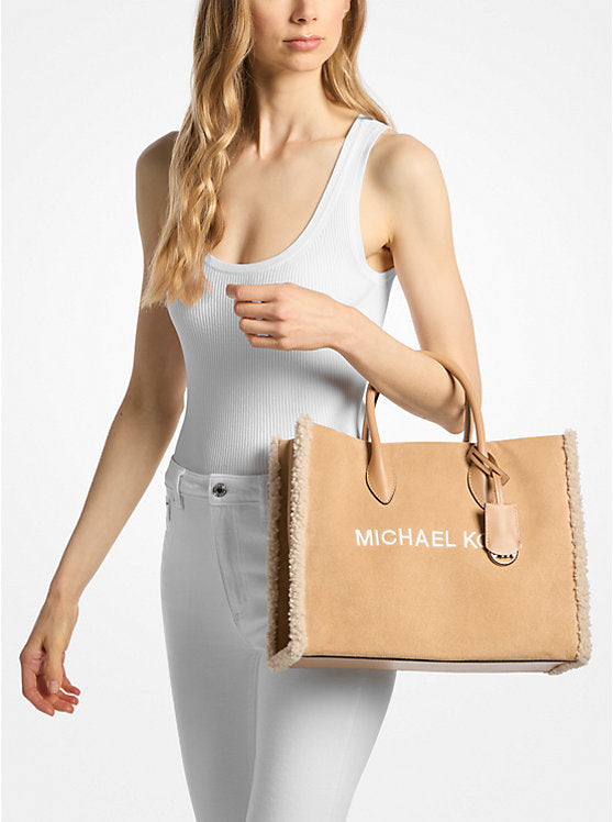 Women's Michael Kors Mirella Medium Suede and Faux Shearling Tote Bag PEANUT