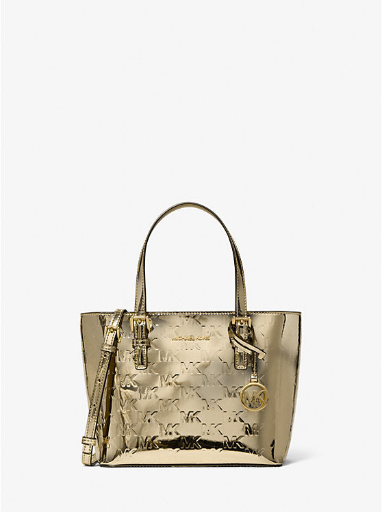Women's Michael Kors Jet Set Extra-Small Metallic Logo Debossed Convertible Tote Bag PALE GOLD