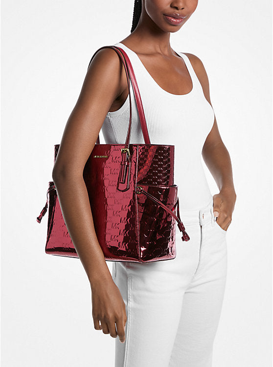 Women's Michael Kors Voyager Large Patent Logo Debossed Tote Bag CHERRY