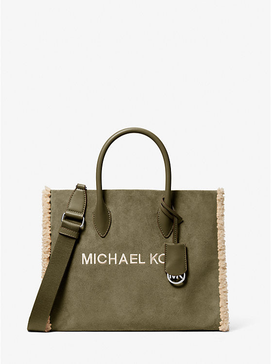 Women's Michael Kors Mirella Medium Suede and Faux Shearling Tote Bag OLIVE