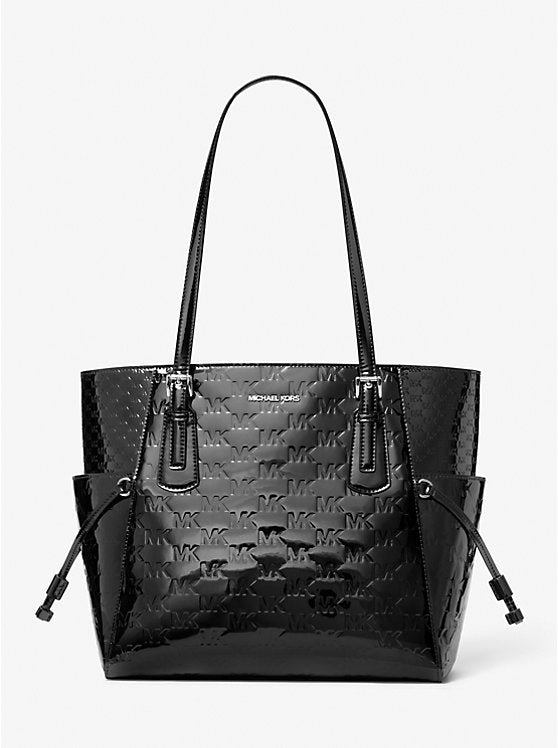 Women's Michael Kors Voyager Large Patent Logo Debossed Tote Bag BLACK