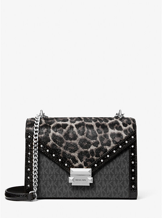 Womens' Michael Kors Whitney Leopard Print Calf Hair and Signature Logo Shoulder Bag BLACK
