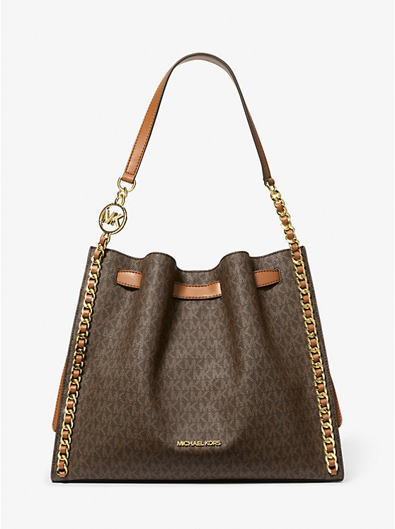 Womens' Michael Kors Outlet Mina Large Signature Logo Chain Shoulder Bag BROWN