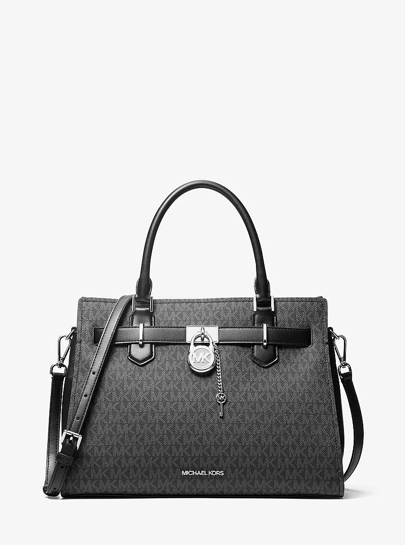 Michael Kors Women's Hamilton Medium Signature Logo Satchel-BLACK