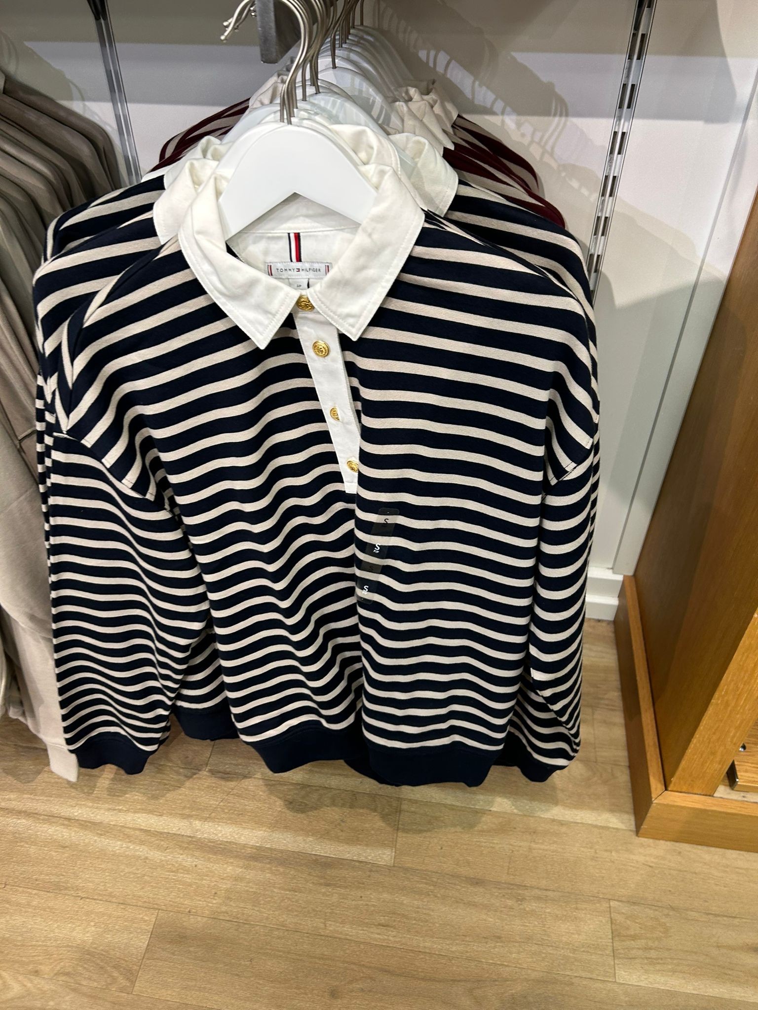 TOMMY WOMENS' Gold-Button Stripe Polo Sweatshirt Navy Multi