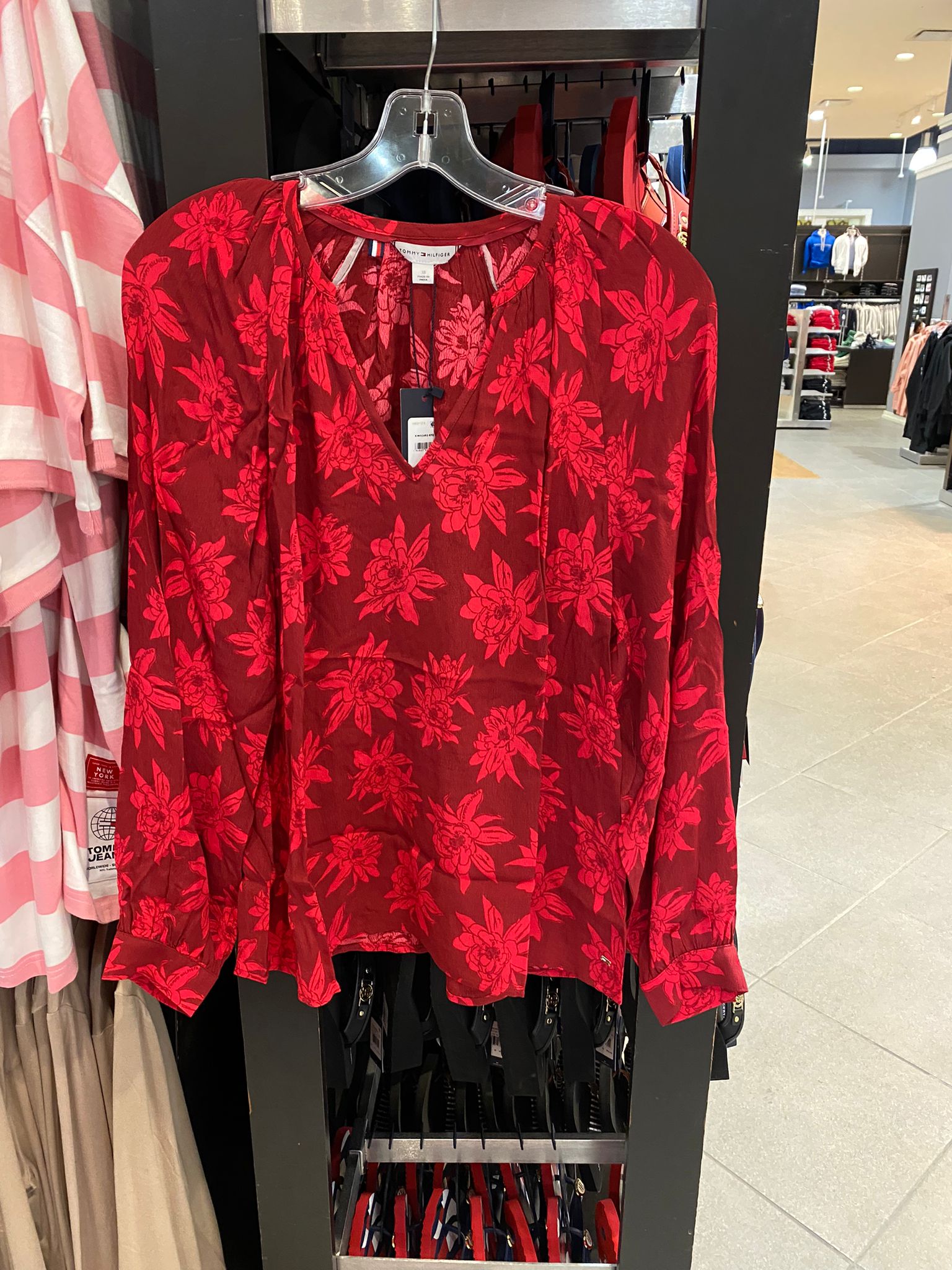 Tommy Hilfiger Women V-Neck Long Sleeves Floral Print Blouse, Red