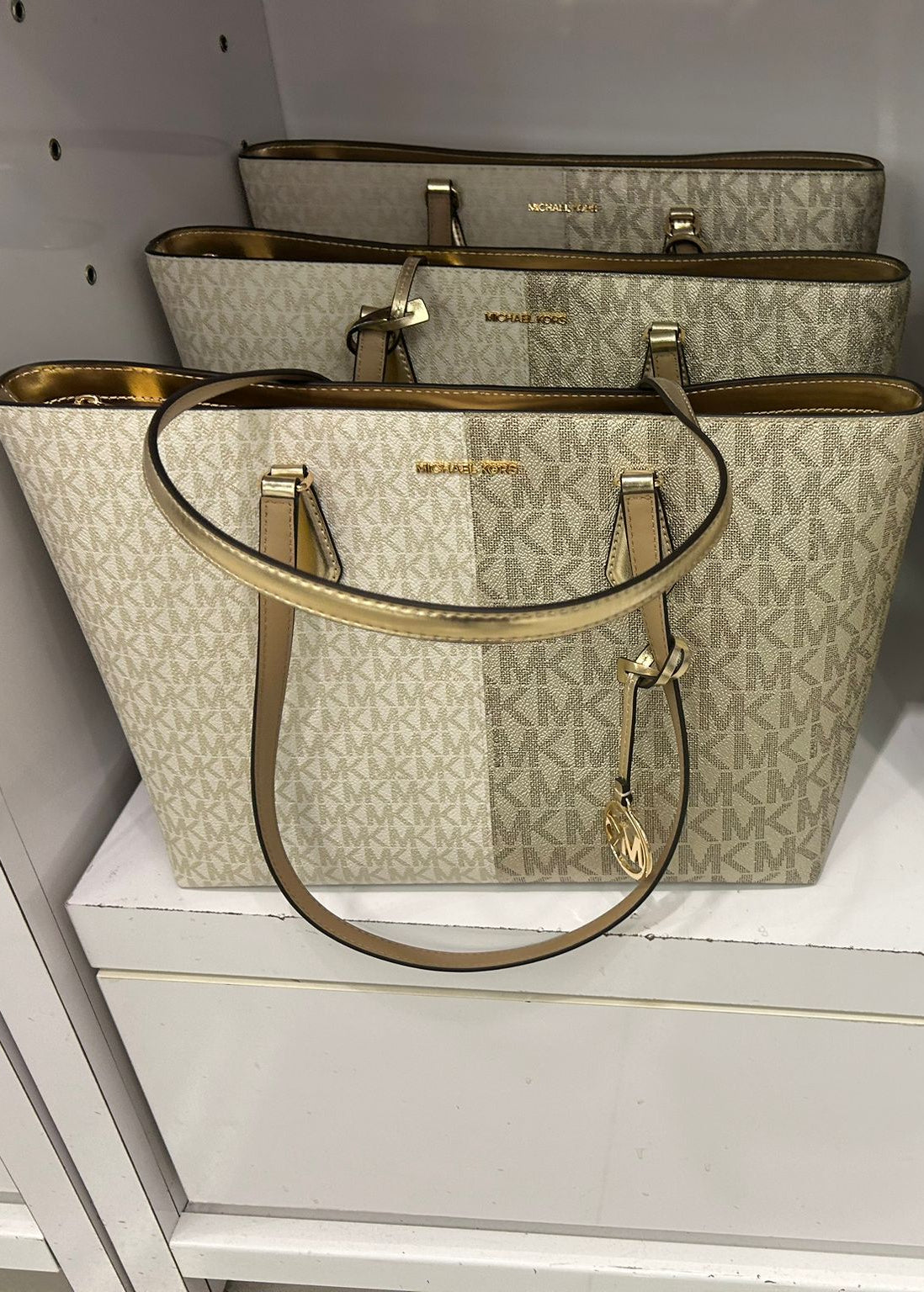 Women's Michael Kors Sheila Large Two-Tone Signature Logo Tote Bag PALE GOLD