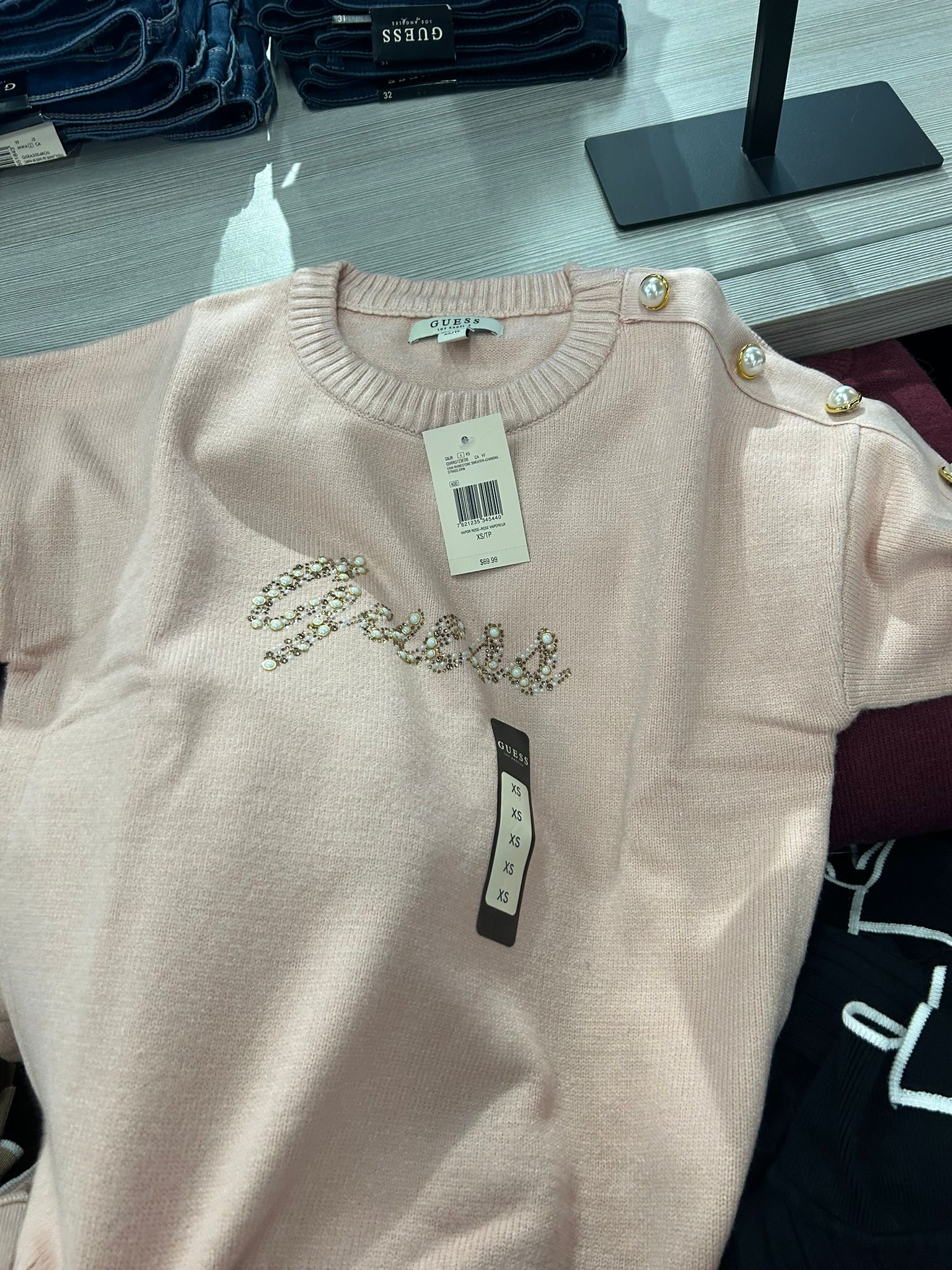 Womens' GUESS Erin Beaded Logo Sweater PINK