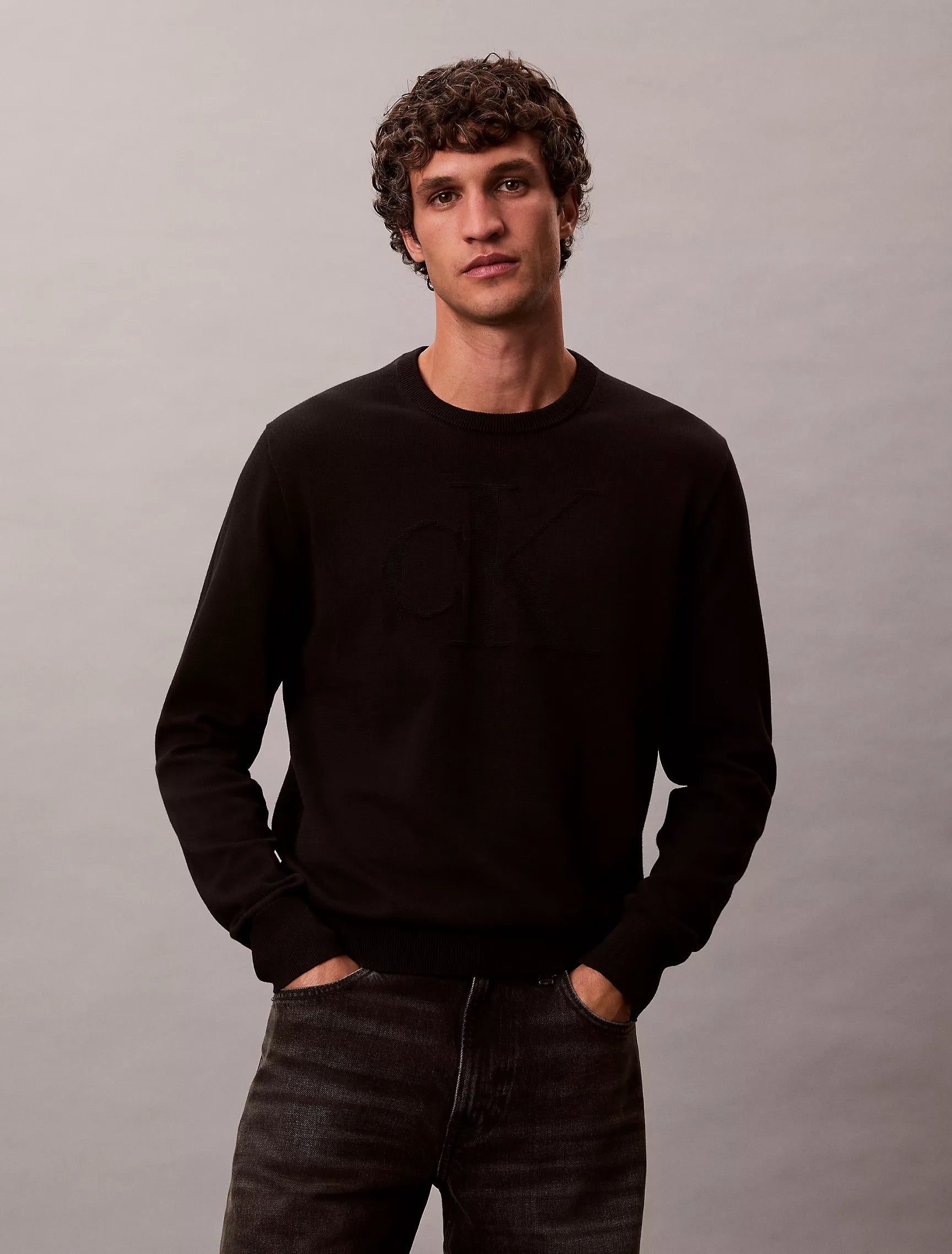 Calvin Klein MENS'Smooth Cotton Monogram Sweater Black Beauty