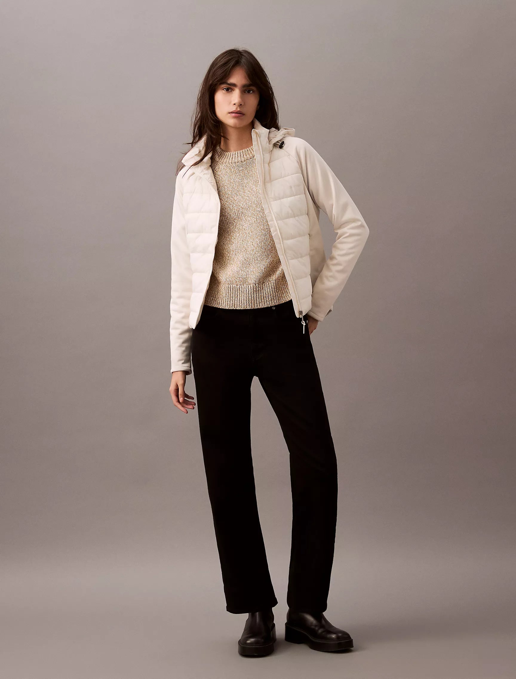 Calvin Klein WOMENS' Mixed Media Puffer Jacket Chalk