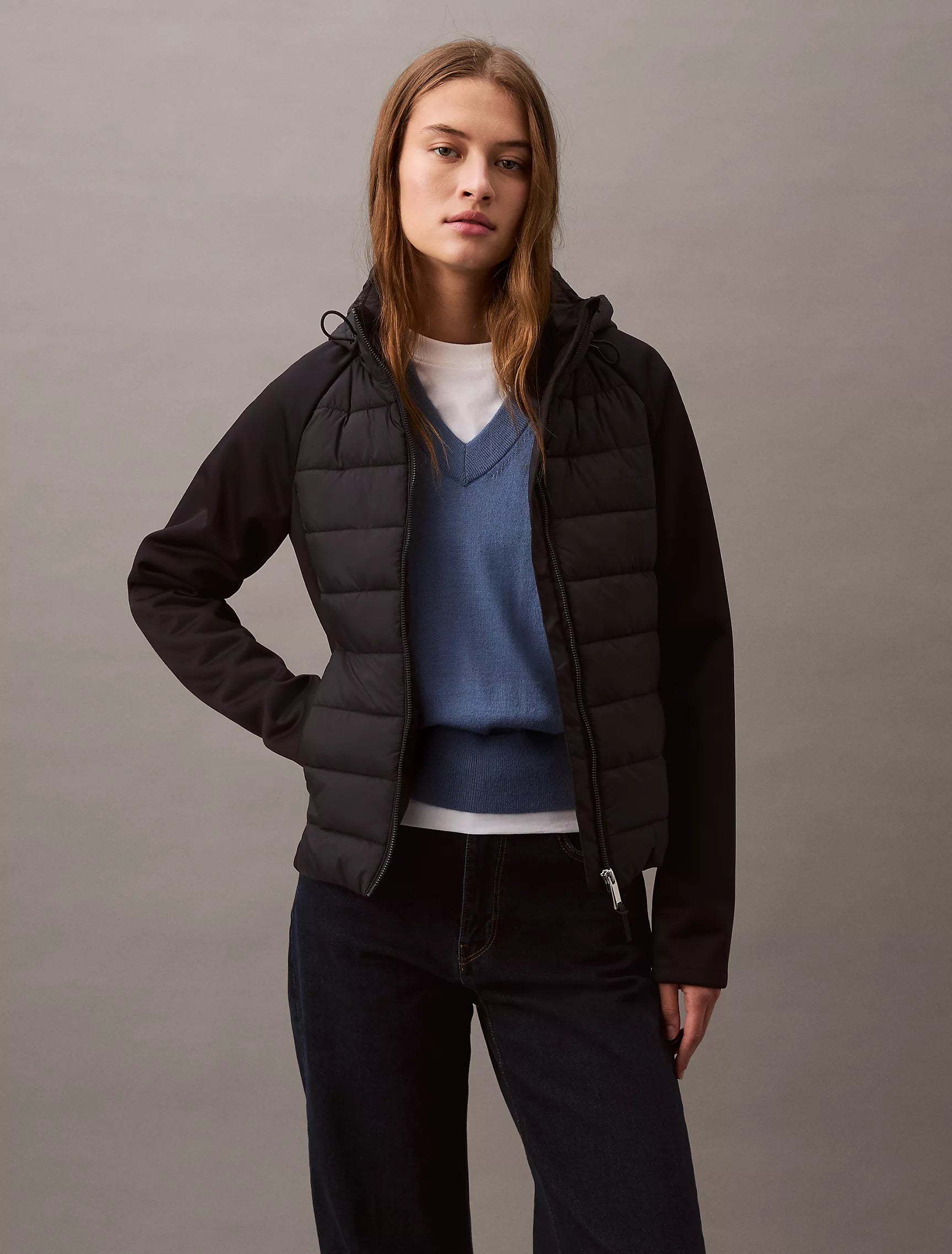 Calvin Klein WOMENS' Mixed Media Puffer Jacket Black Beauty