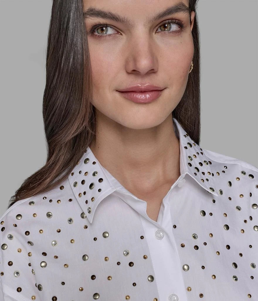 Karl Lagerfeld Paris Womens' LONG SLEEVE CROP STUDDED POPLIN SHIRT