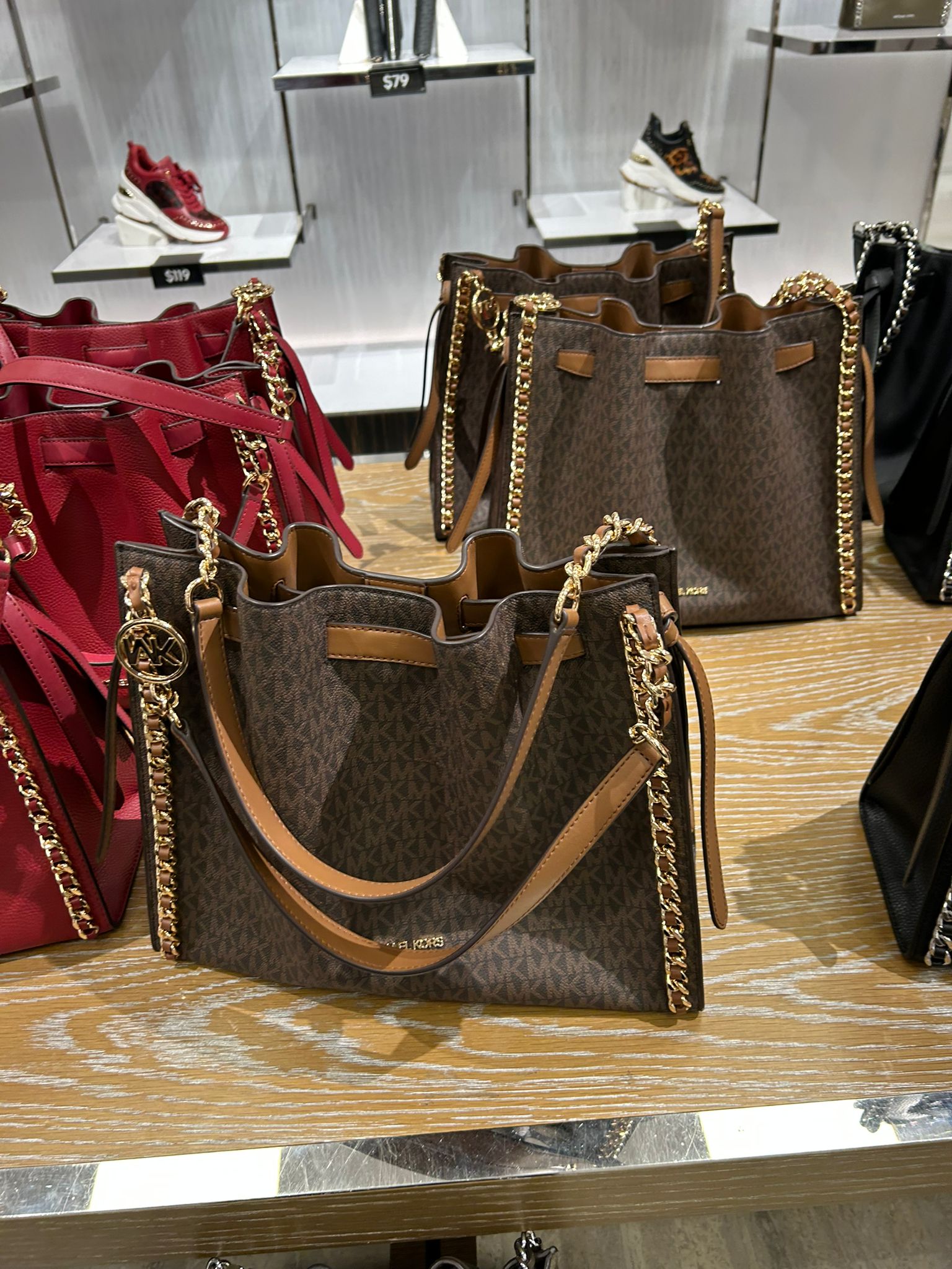 Womens' Michael Kors Outlet Mina Large Signature Logo Chain Shoulder Bag BROWN