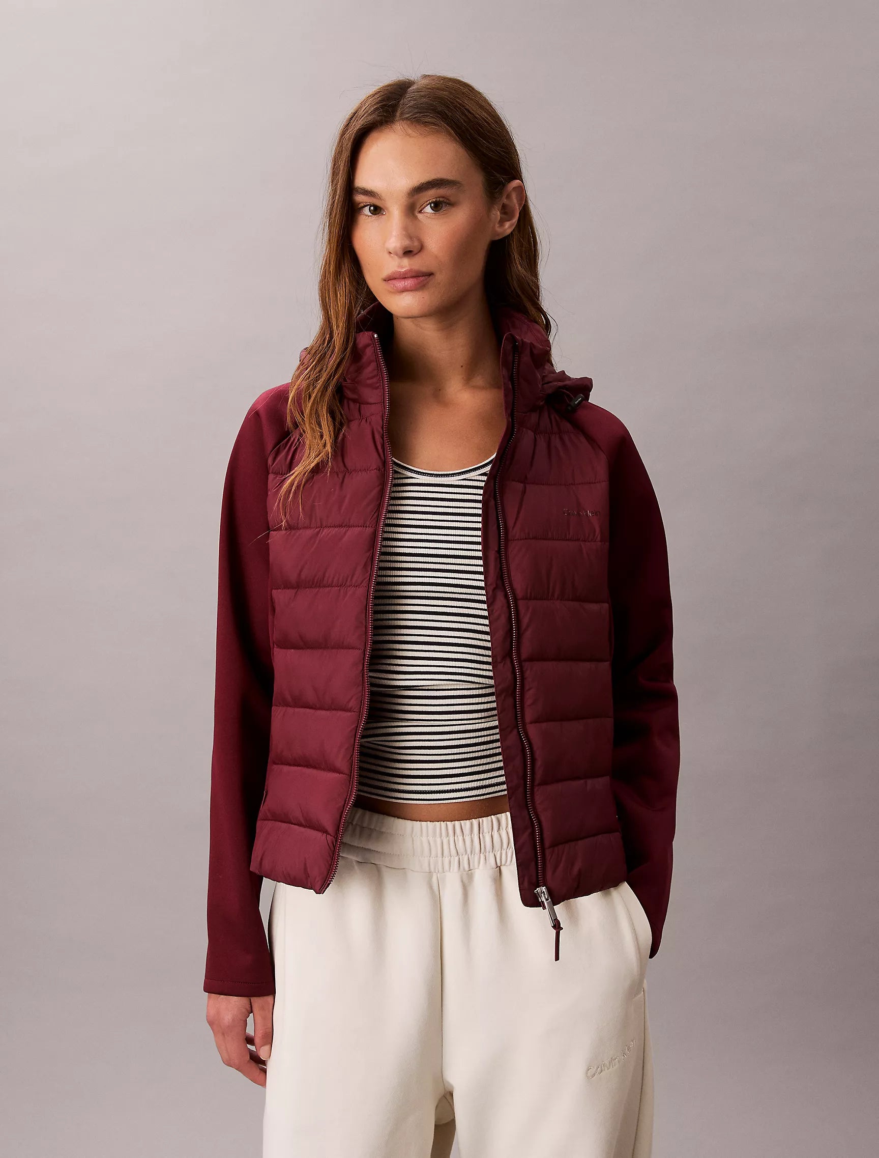 Calvin Klein WOMENS' Mixed Media Puffer Jacket Deep Rouge