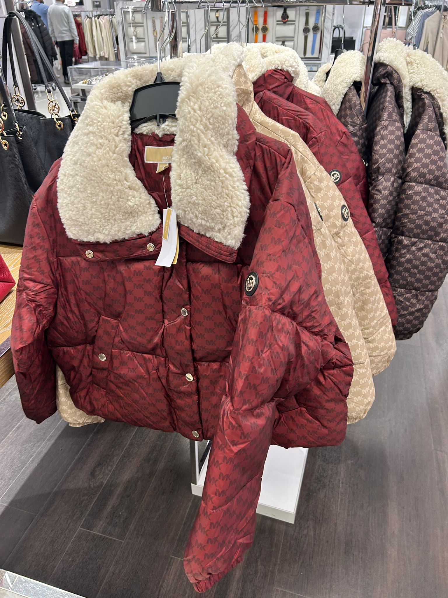 Michael Kors WOMENS' Logo Print and Sherpa Puffer Jacket Cherry