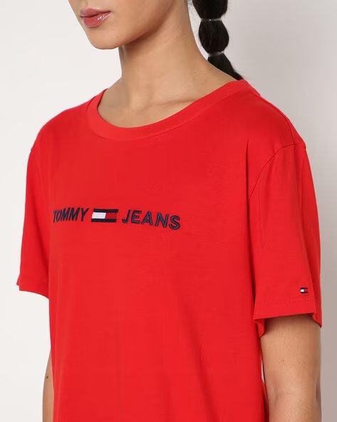 TOMMY HILFIGER WOMENS' Round-Neck Shift Dress with Logo Embroidery