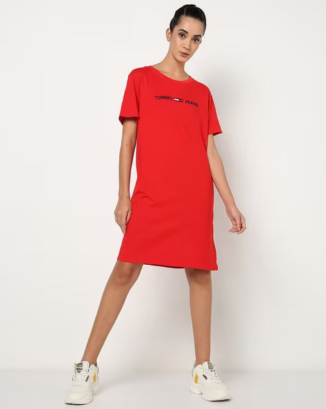 TOMMY HILFIGER WOMENS' Round-Neck Shift Dress with Logo Embroidery
