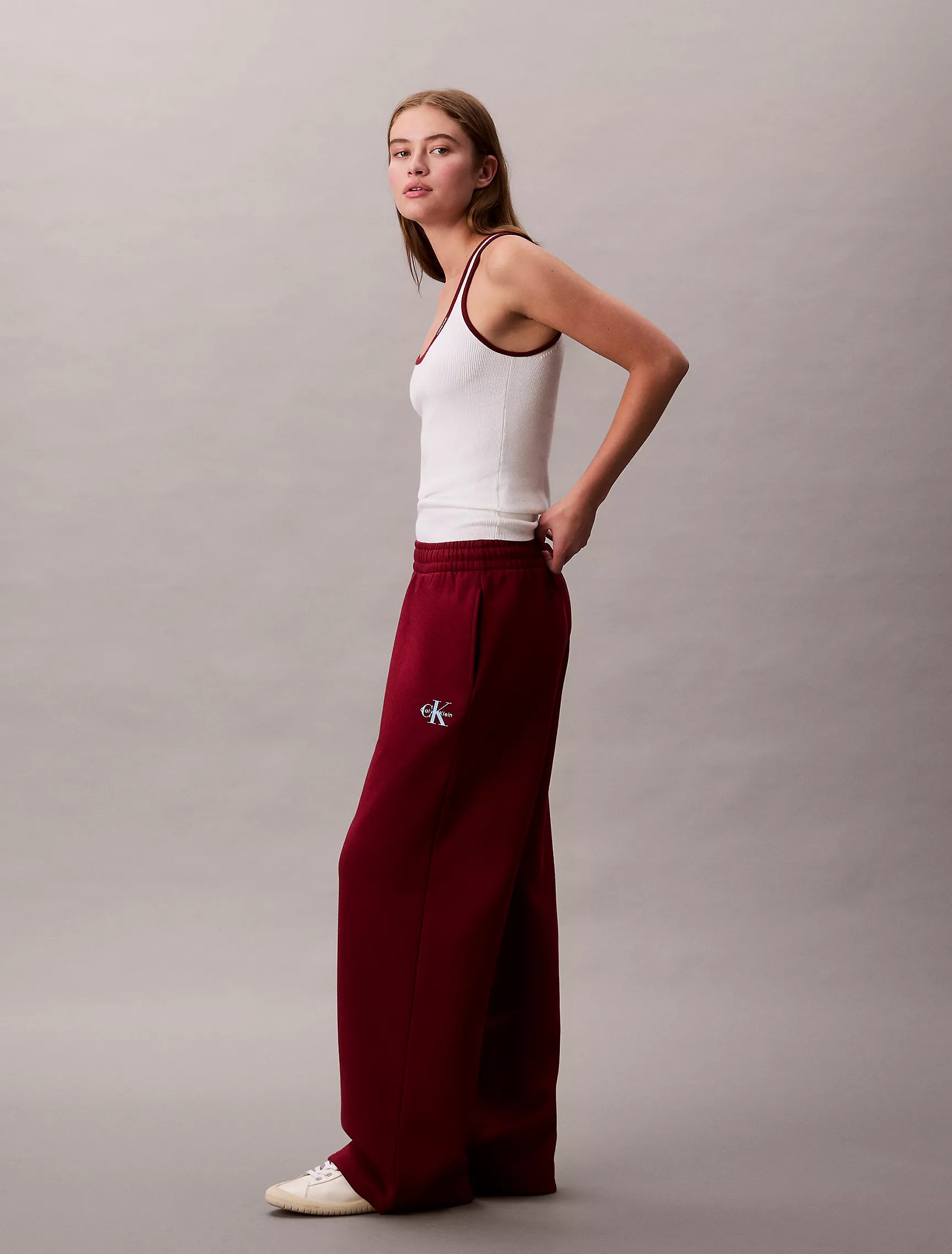 Calvin Klein Womens' Monogram Logo Fleece Wide Leg Sweatpants Magenta Jewel