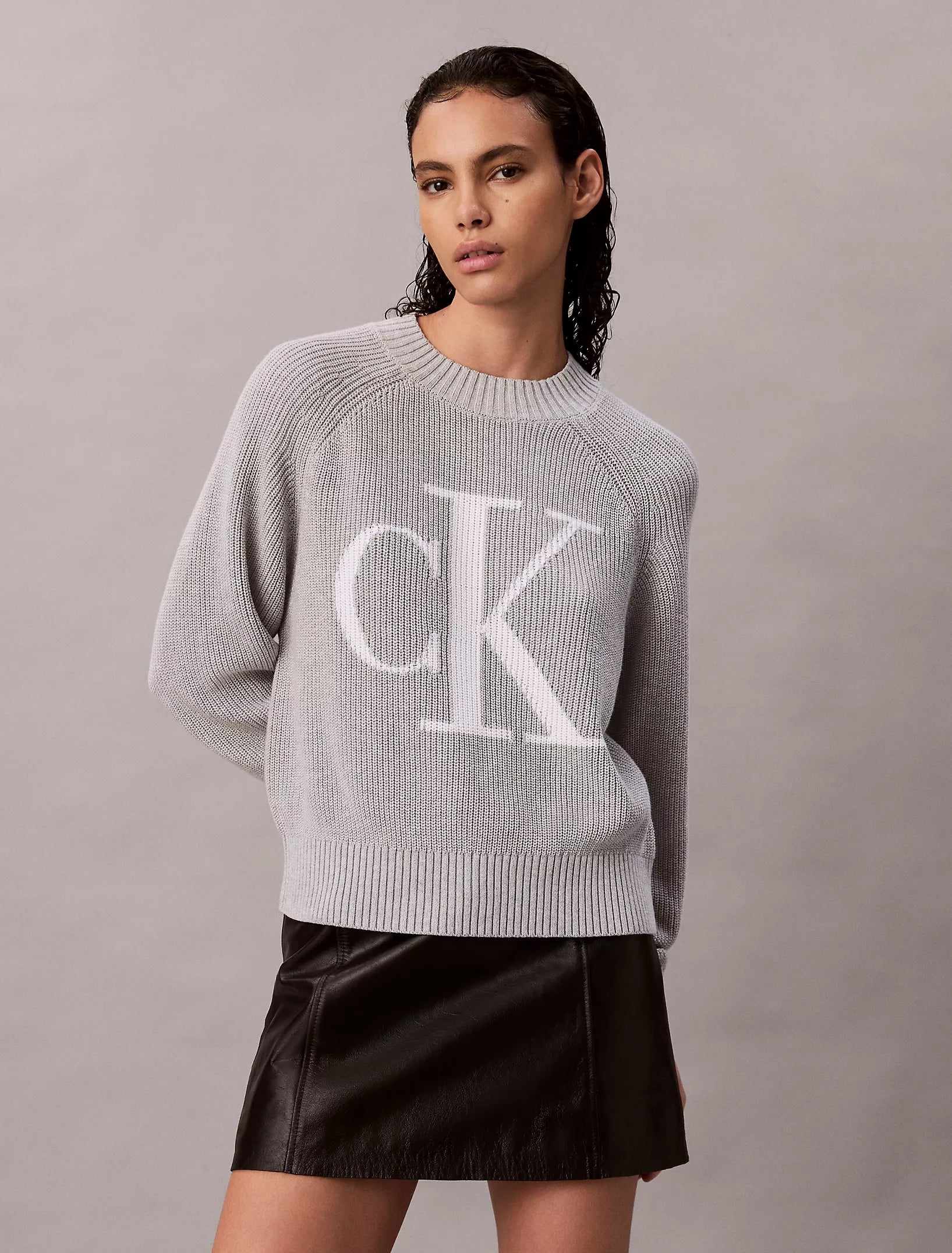 Womens' Calvin Klein Smooth Cotton Monogram Rib Classic Sweater