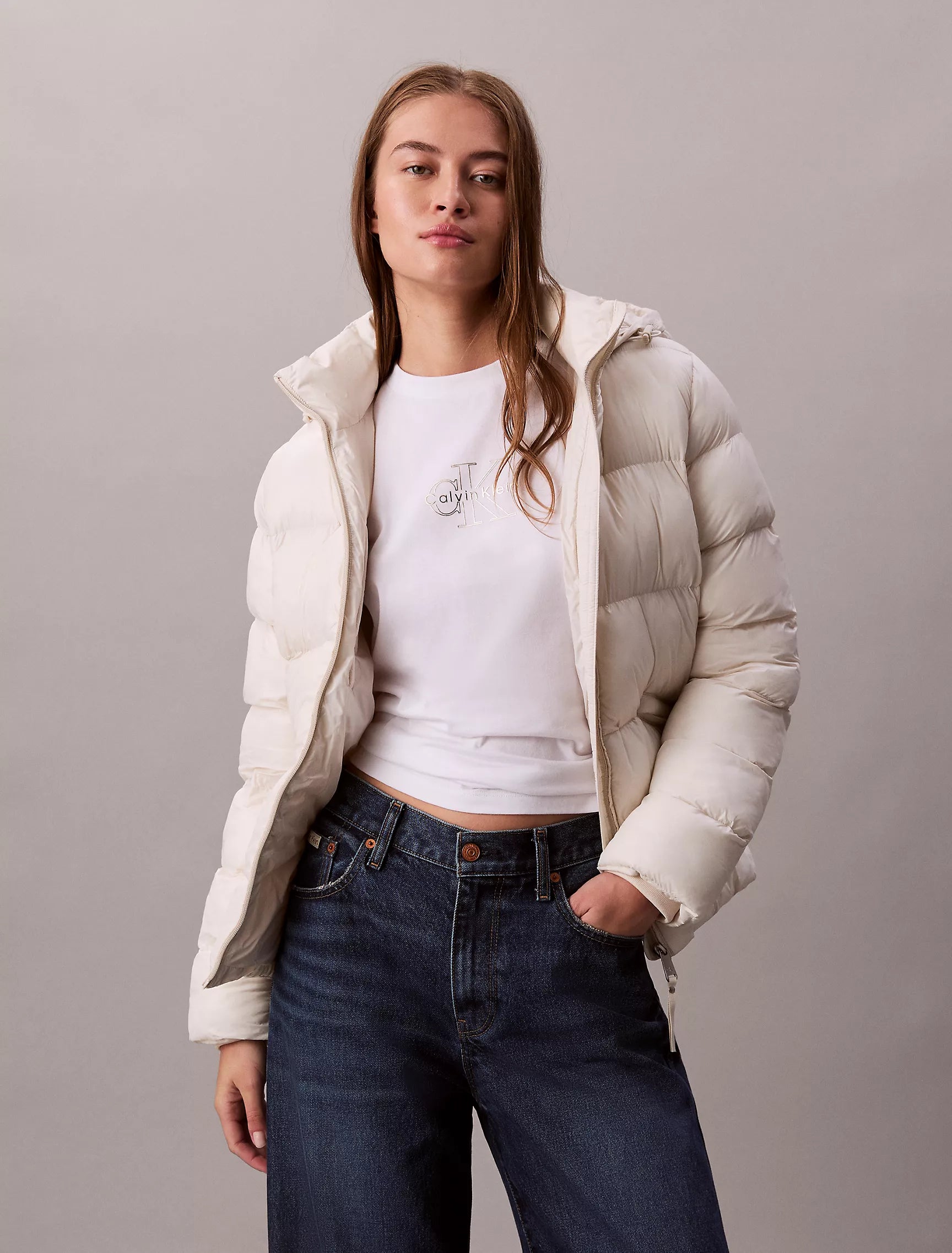 Calvin Klein Womens' Slim Puffer Jacket Chalk