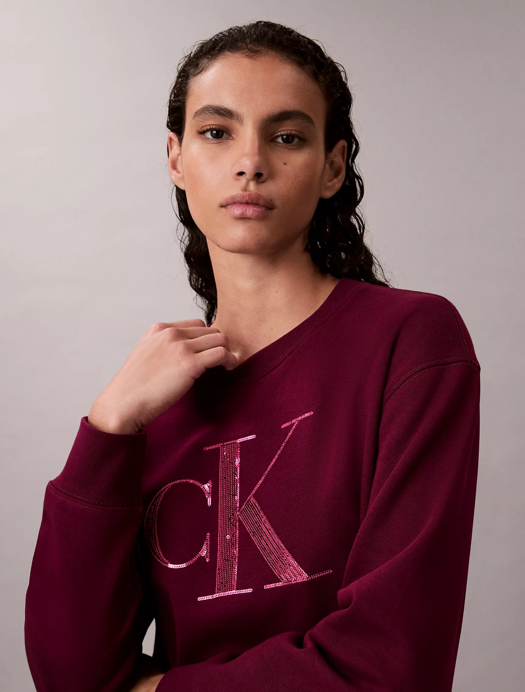 Calvin Klein Womens' Fleece Sequin Monogram Mini Sweatshirt Dress Berry Glaze