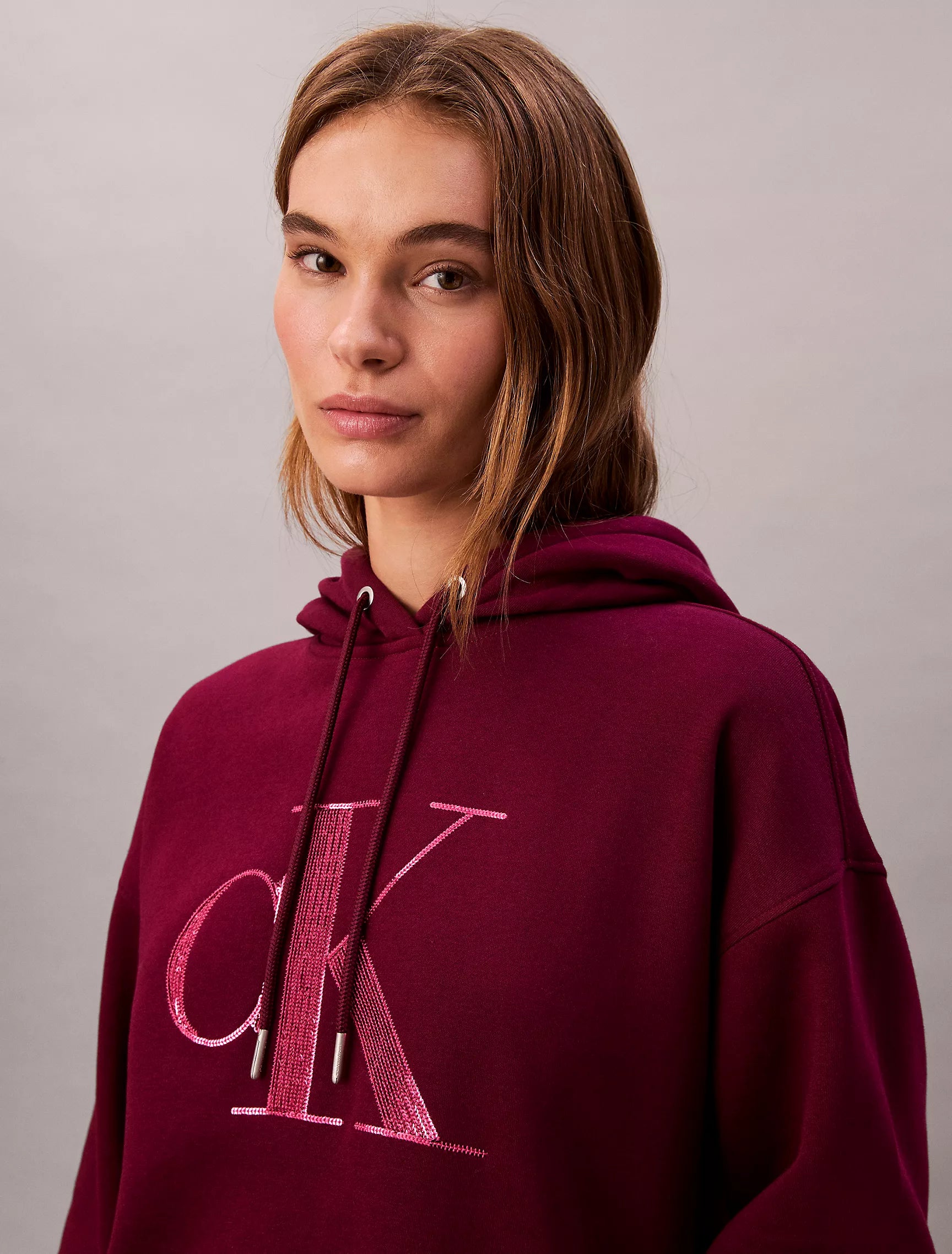 Womens' Calvin Klein Fleece Sequin Monogram Relaxed Hoodie Berry Glaze