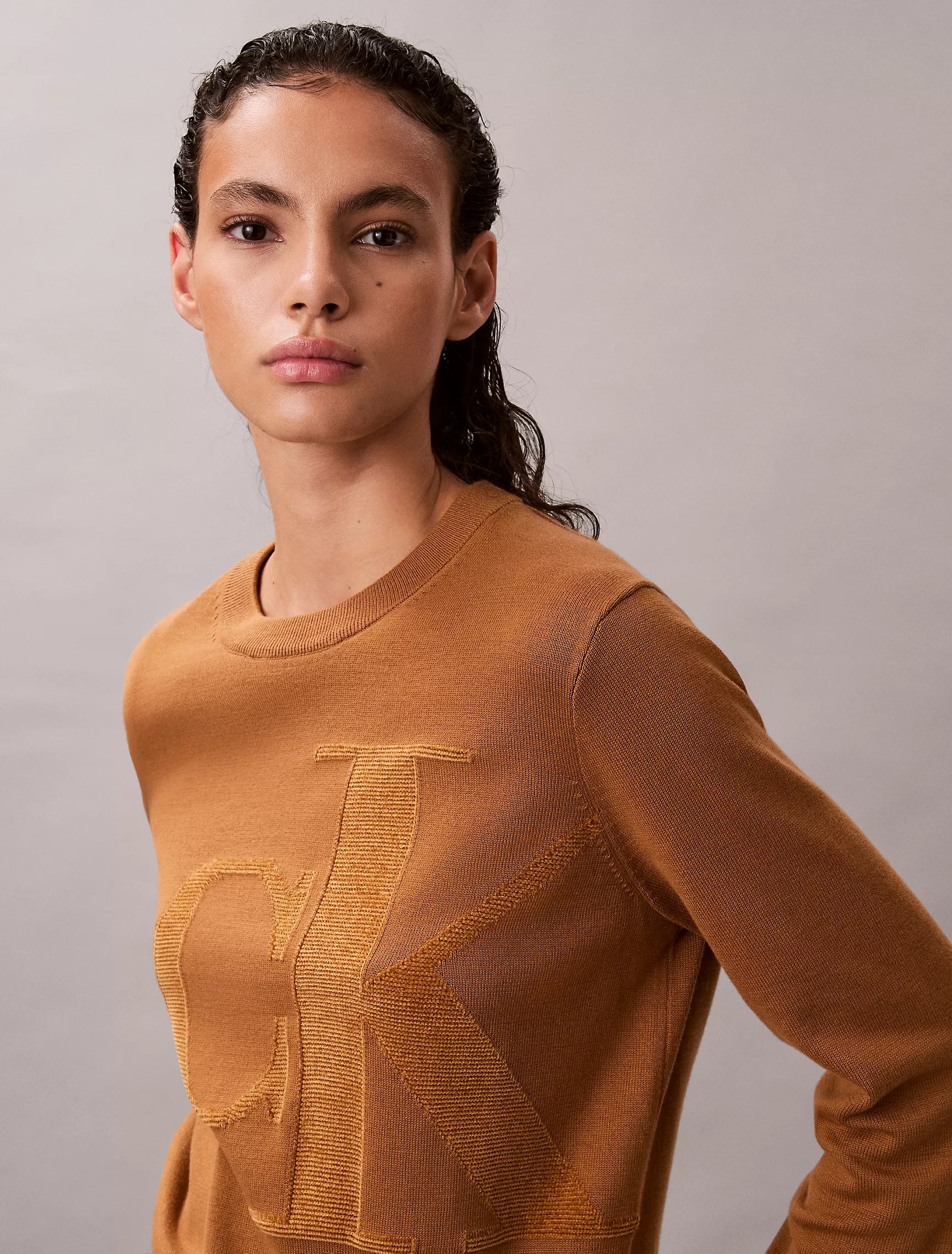 Womens' Calvin Klein Smooth Cotton Chenille Monogram Sweater Driftwood Brown